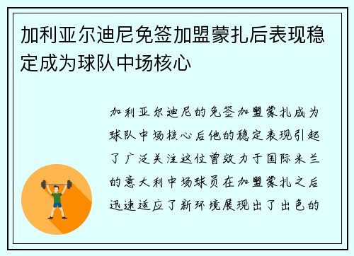 加利亚尔迪尼免签加盟蒙扎后表现稳定成为球队中场核心